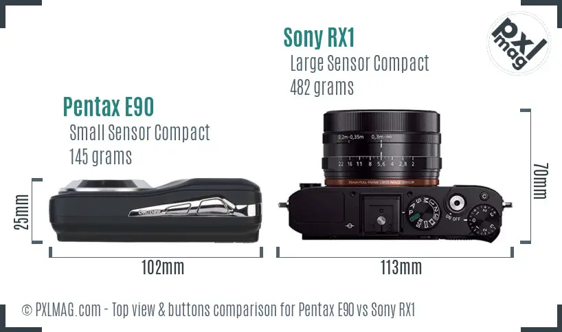 Pentax E90 vs Sony RX1 top view buttons comparison