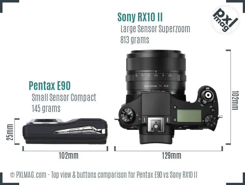 Pentax E90 vs Sony RX10 II top view buttons comparison Pentax E90 vs Sony RX10 II top view buttons comparison