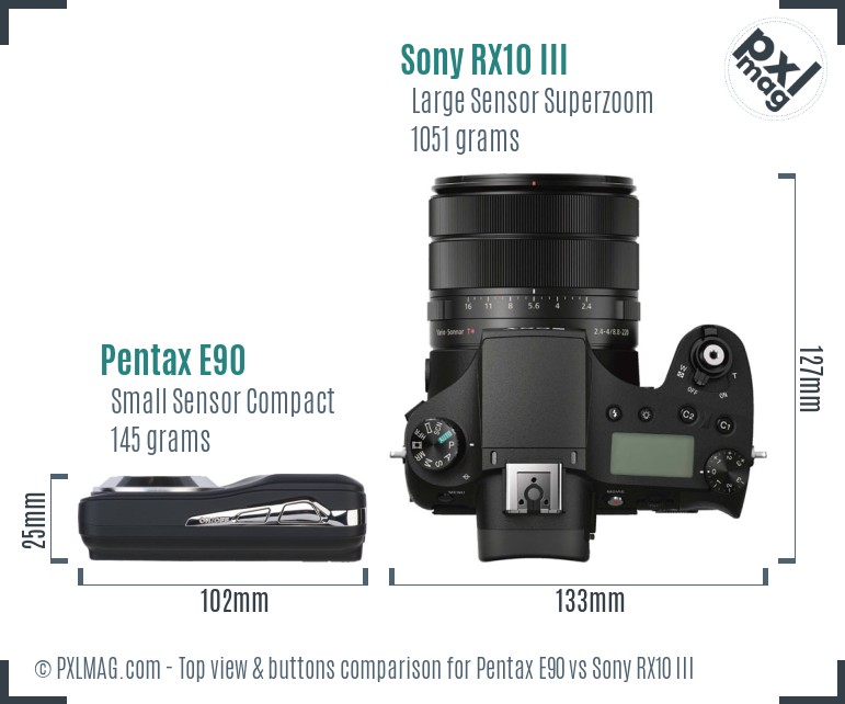 Pentax E90 vs Sony RX10 III top view buttons comparison