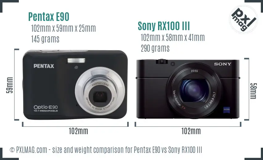 Pentax E90 vs Sony RX100 III size comparison