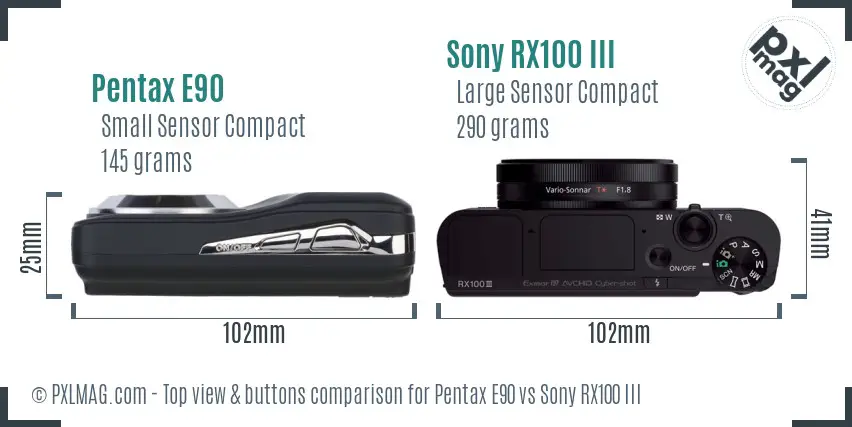 Pentax E90 vs Sony RX100 III top view buttons comparison