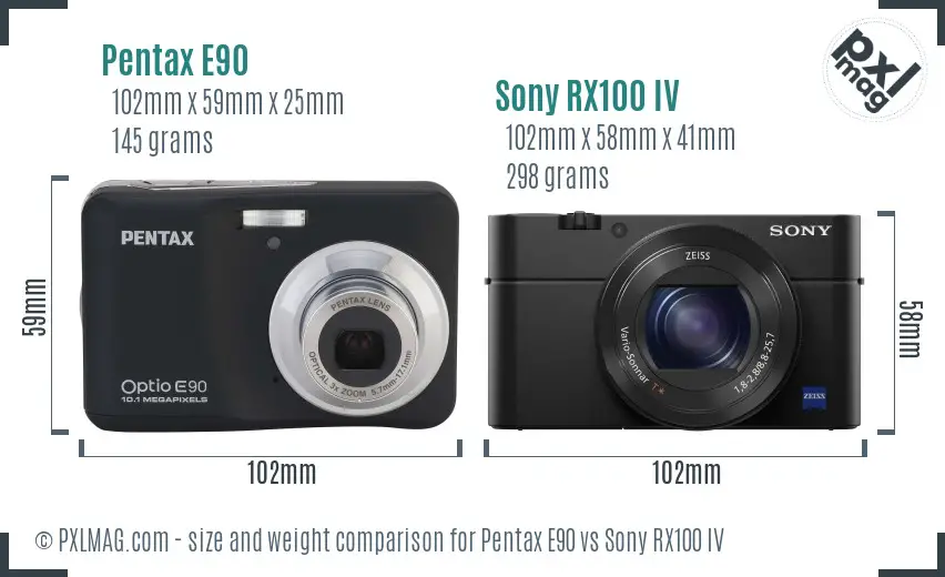 Pentax E90 vs Sony RX100 IV size comparison