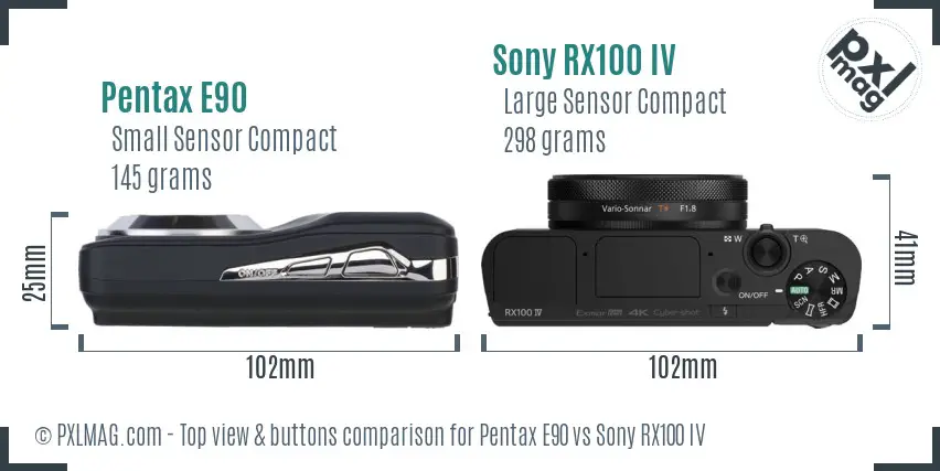 Pentax E90 vs Sony RX100 IV top view buttons comparison