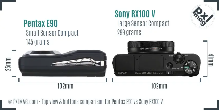 Pentax E90 vs Sony RX100 V top view buttons comparison Pentax E90 vs Sony RX100 V top view buttons comparison