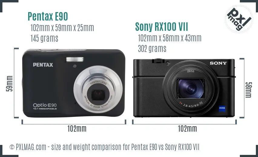 Pentax E90 vs Sony RX100 VII size comparison