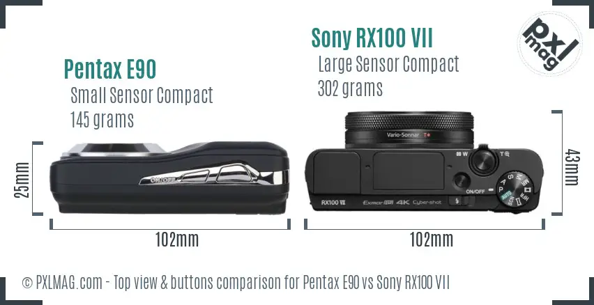 Pentax E90 vs Sony RX100 VII top view buttons comparison
