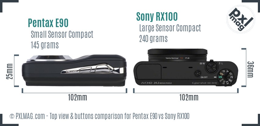 Pentax E90 vs Sony RX100 top view buttons comparison