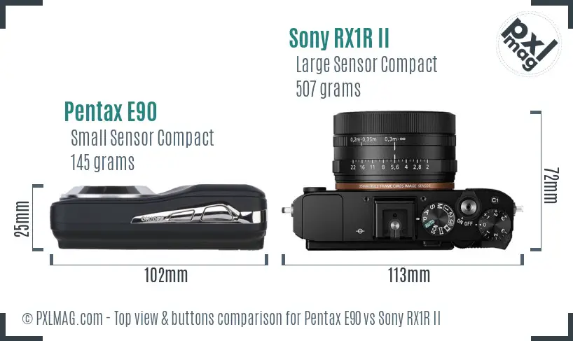 Pentax E90 vs Sony RX1R II top view buttons comparison