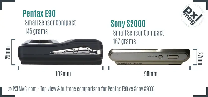 Pentax E90 vs Sony S2000 top view buttons comparison