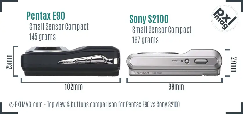 Pentax E90 vs Sony S2100 top view buttons comparison Pentax E90 vs Sony S2100 top view buttons comparison