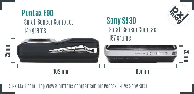 Pentax E90 vs Sony S930 top view buttons comparison