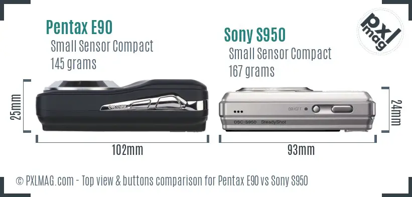 Pentax E90 vs Sony S950 top view buttons comparison Pentax E90 vs Sony S950 top view buttons comparison