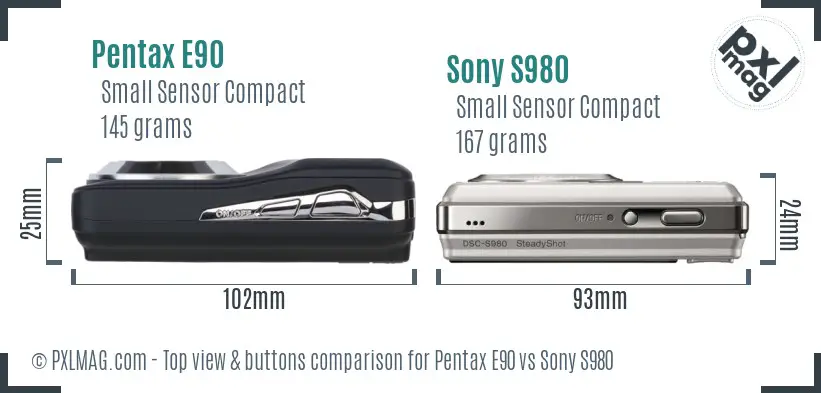 Pentax E90 vs Sony S980 top view buttons comparison Pentax E90 vs Sony S980 top view buttons comparison