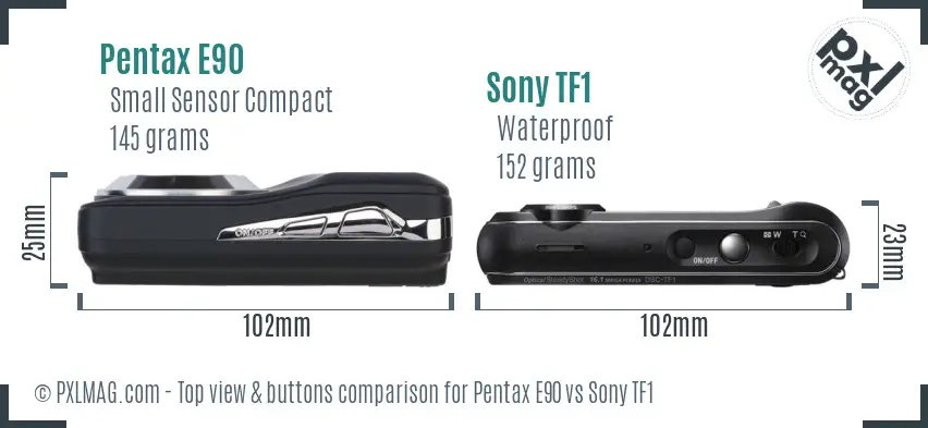 Pentax E90 vs Sony TF1 top view buttons comparison Pentax E90 vs Sony TF1 top view buttons comparison