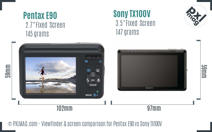 Pentax E90 vs Sony TX100V Screen and Viewfinder comparison