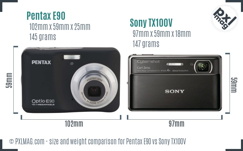 Pentax E90 vs Sony TX100V size comparison