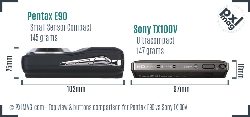 Pentax E90 vs Sony TX100V top view buttons comparison