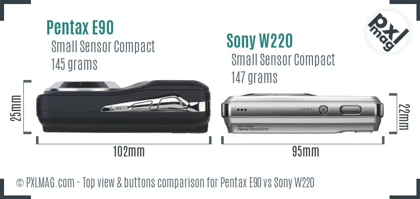 Pentax E90 vs Sony W220 top view buttons comparison
