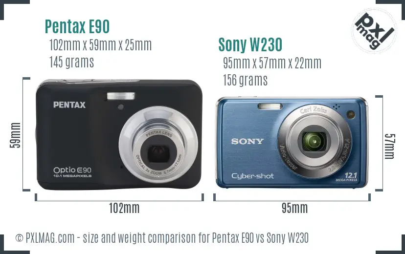 Pentax E90 vs Sony W230 size comparison