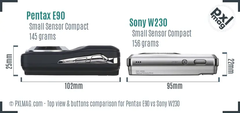 Pentax E90 vs Sony W230 top view buttons comparison