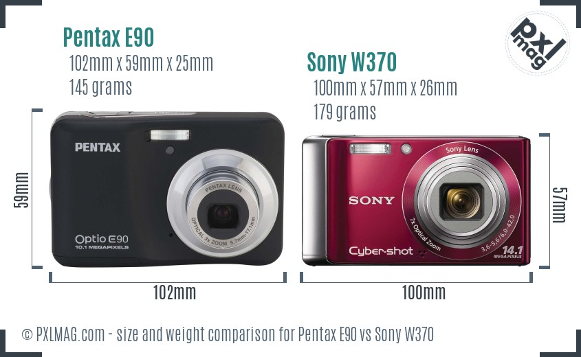 Pentax E90 vs Sony W370 size comparison