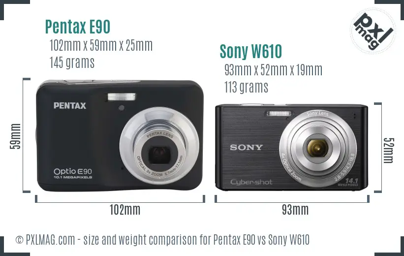Pentax E90 vs Sony W610 size comparison