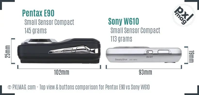 Pentax E90 vs Sony W610 top view buttons comparison