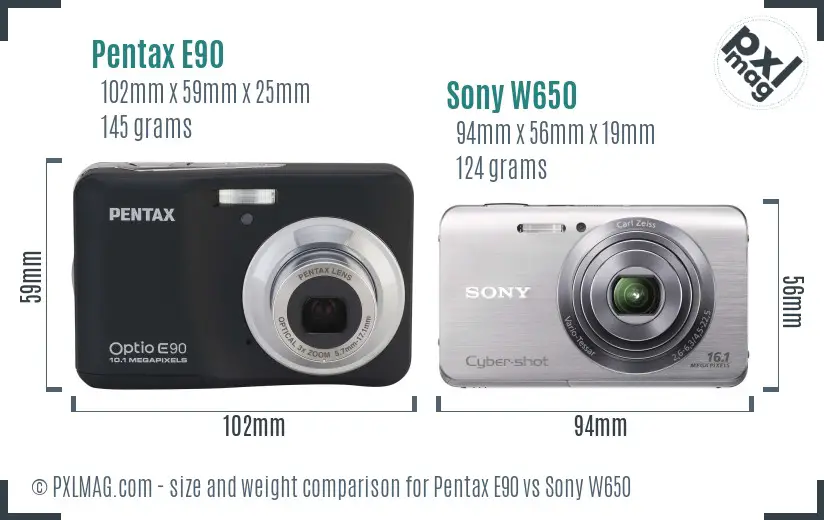 Pentax E90 vs Sony W650 size comparison