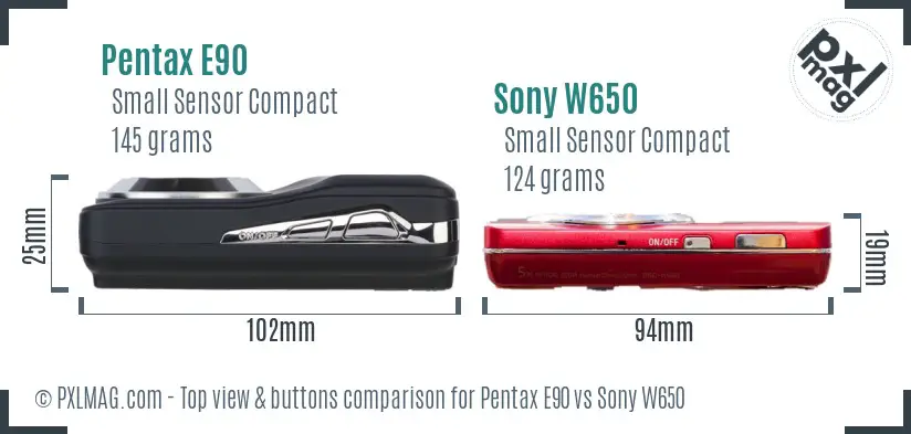 Pentax E90 vs Sony W650 top view buttons comparison