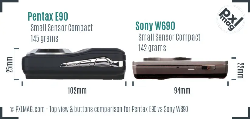 Pentax E90 vs Sony W690 top view buttons comparison