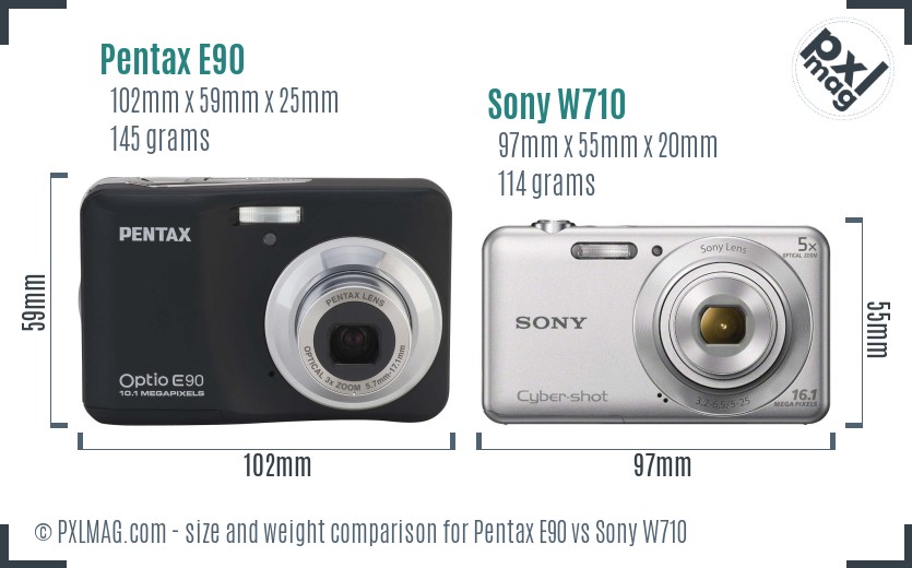 Pentax E90 vs Sony W710 size comparison