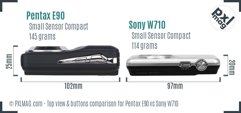 Pentax E90 vs Sony W710 top view buttons comparison