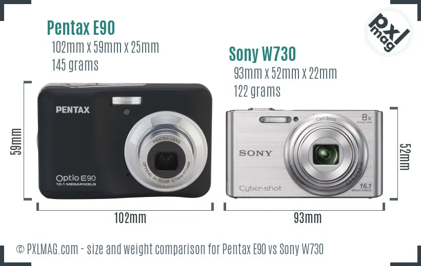 Pentax E90 vs Sony W730 size comparison