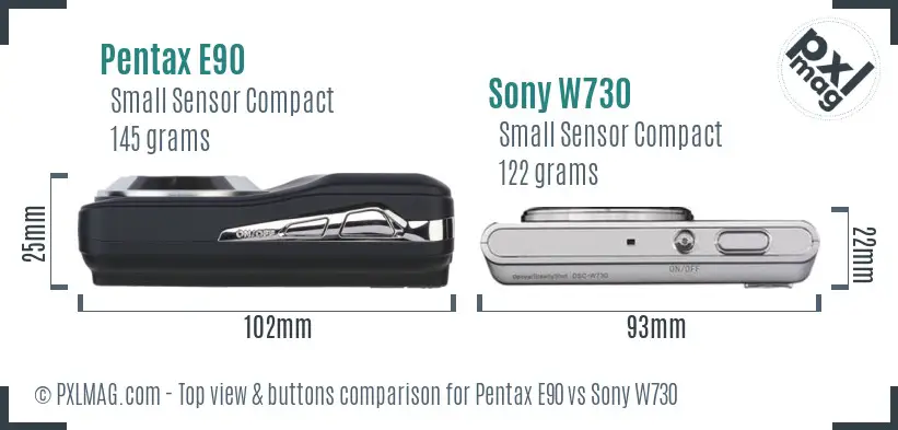 Pentax E90 vs Sony W730 top view buttons comparison