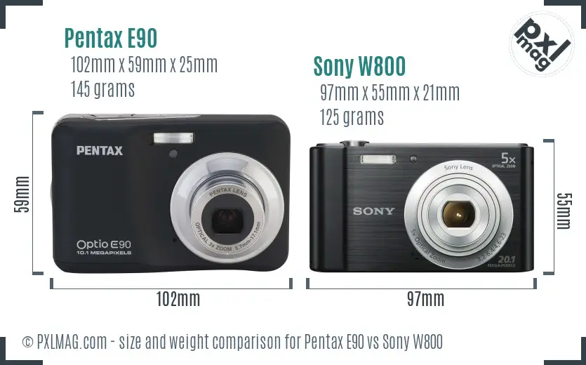 Pentax E90 vs Sony W800 size comparison