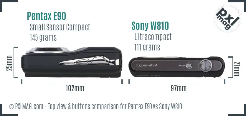 Pentax E90 vs Sony W810 top view buttons comparison