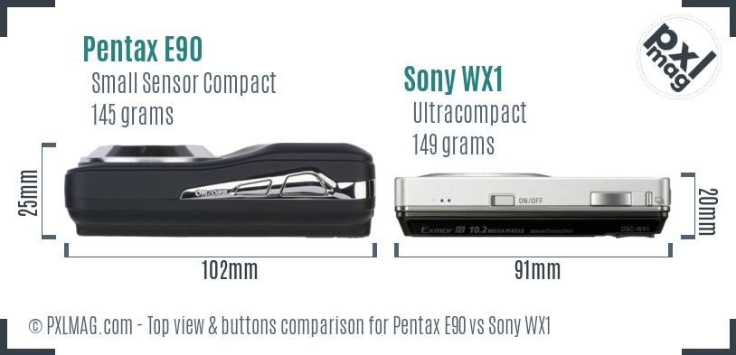 Pentax E90 vs Sony WX1 top view buttons comparison