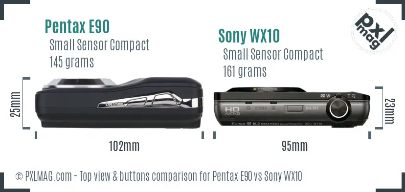 Pentax E90 vs Sony WX10 top view buttons comparison