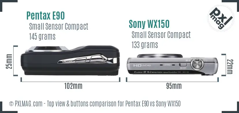 Pentax E90 vs Sony WX150 top view buttons comparison Pentax E90 vs Sony WX150 top view buttons comparison