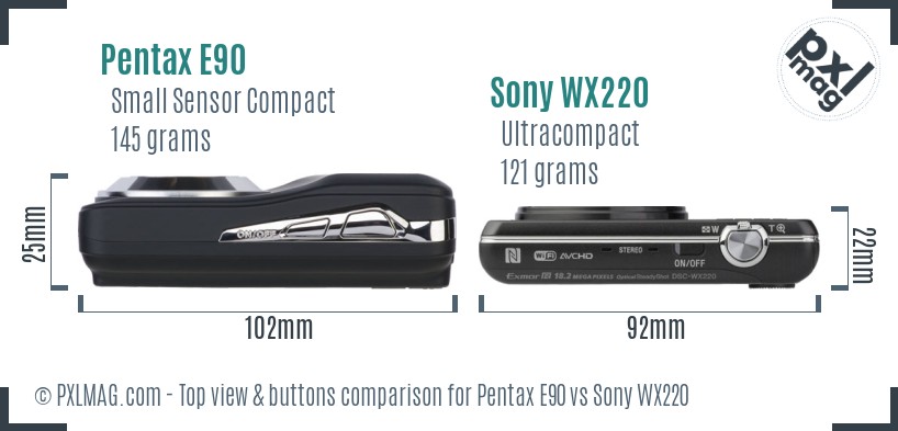 Pentax E90 vs Sony WX220 top view buttons comparison