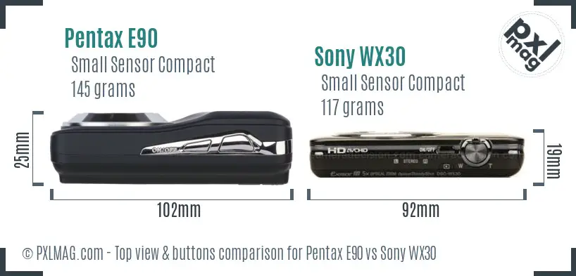 Pentax E90 vs Sony WX30 top view buttons comparison