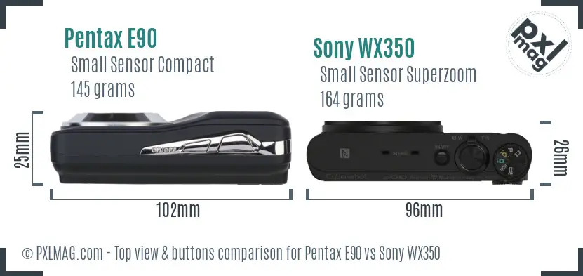 Pentax E90 vs Sony WX350 top view buttons comparison