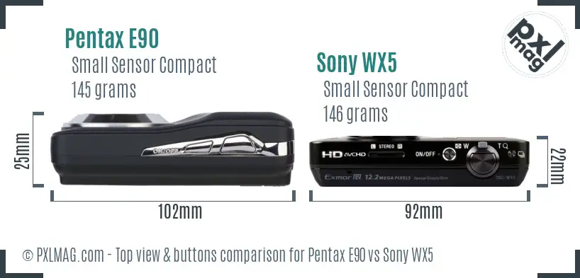 Pentax E90 vs Sony WX5 top view buttons comparison