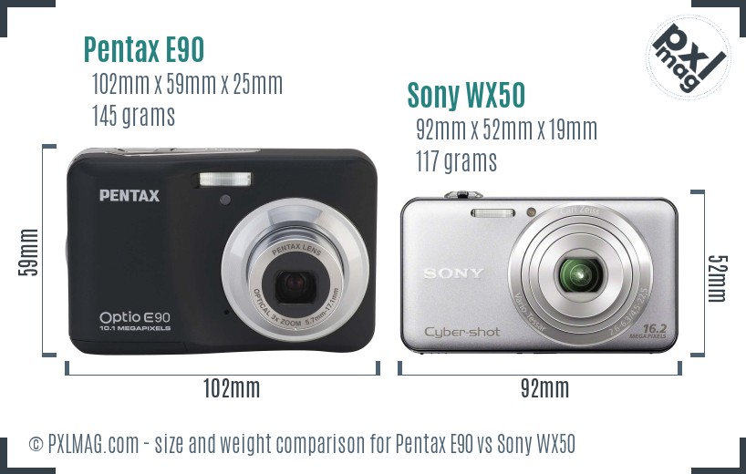 Pentax E90 vs Sony WX50 size comparison