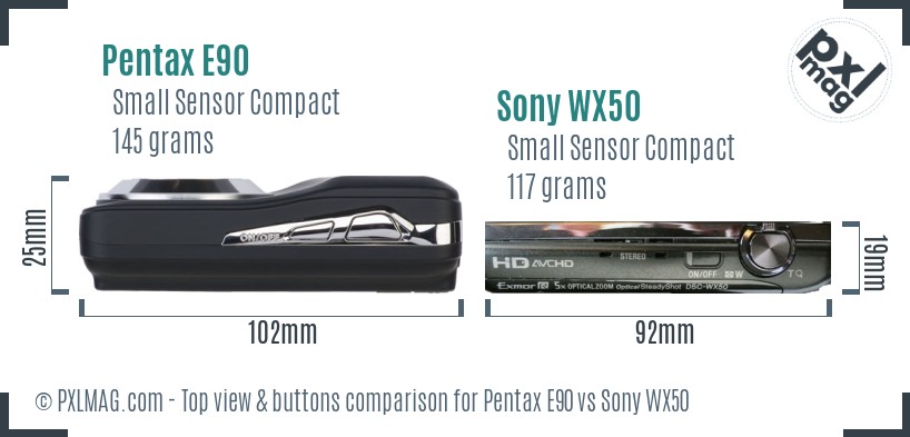 Pentax E90 vs Sony WX50 top view buttons comparison