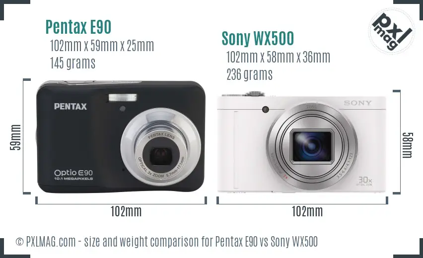 Pentax E90 vs Sony WX500 size comparison Pentax E90 vs Sony WX500 size comparison