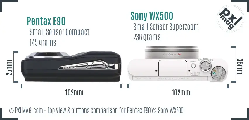 Pentax E90 vs Sony WX500 top view buttons comparison Pentax E90 vs Sony WX500 top view buttons comparison
