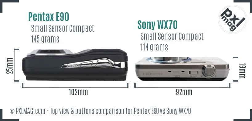 Pentax E90 vs Sony WX70 top view buttons comparison