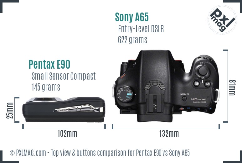 Pentax E90 vs Sony A65 top view buttons comparison