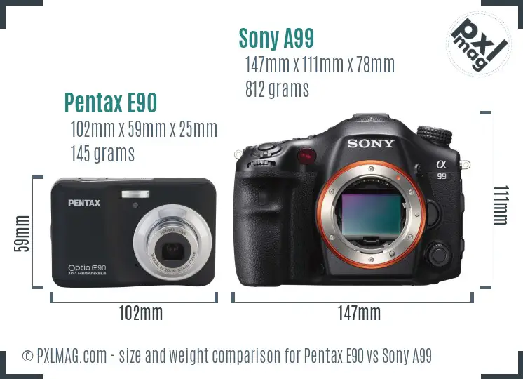 Pentax E90 vs Sony A99 size comparison